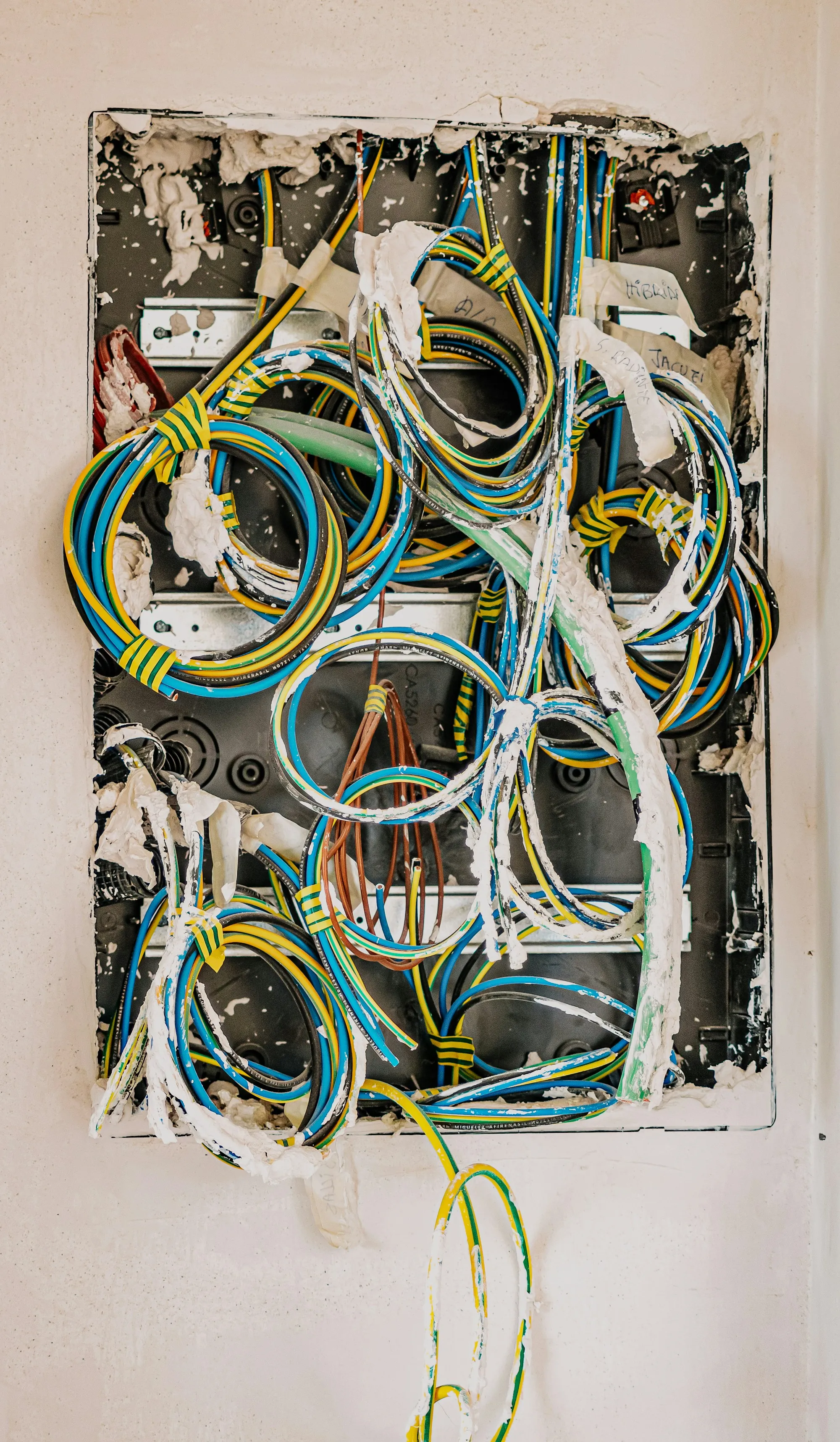 Bundle of electrical wires coming out of an open wall box
